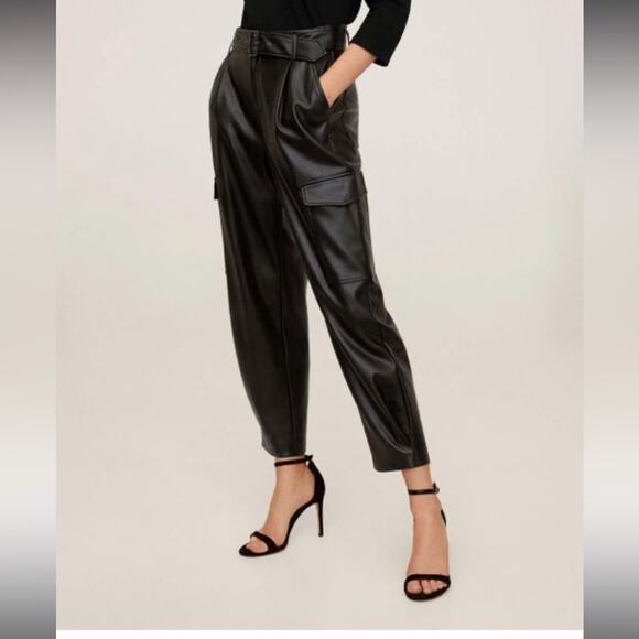 Mango | Black Faux Leather Ryder High Waisted Cargo Pants Size 2 NWT - Picture 1 of 16